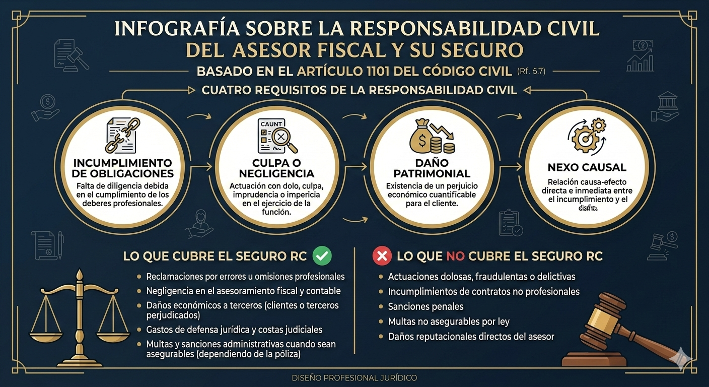 Infográfico responsabilidad civil asesor fiscal mostrando Art. 1101 Código Civil, 4 requisitos RC (incumplimiento, culpa, daño, nexo causal), qué cubre seguro RC, casos reales sentencias, diseño profesional jurídico