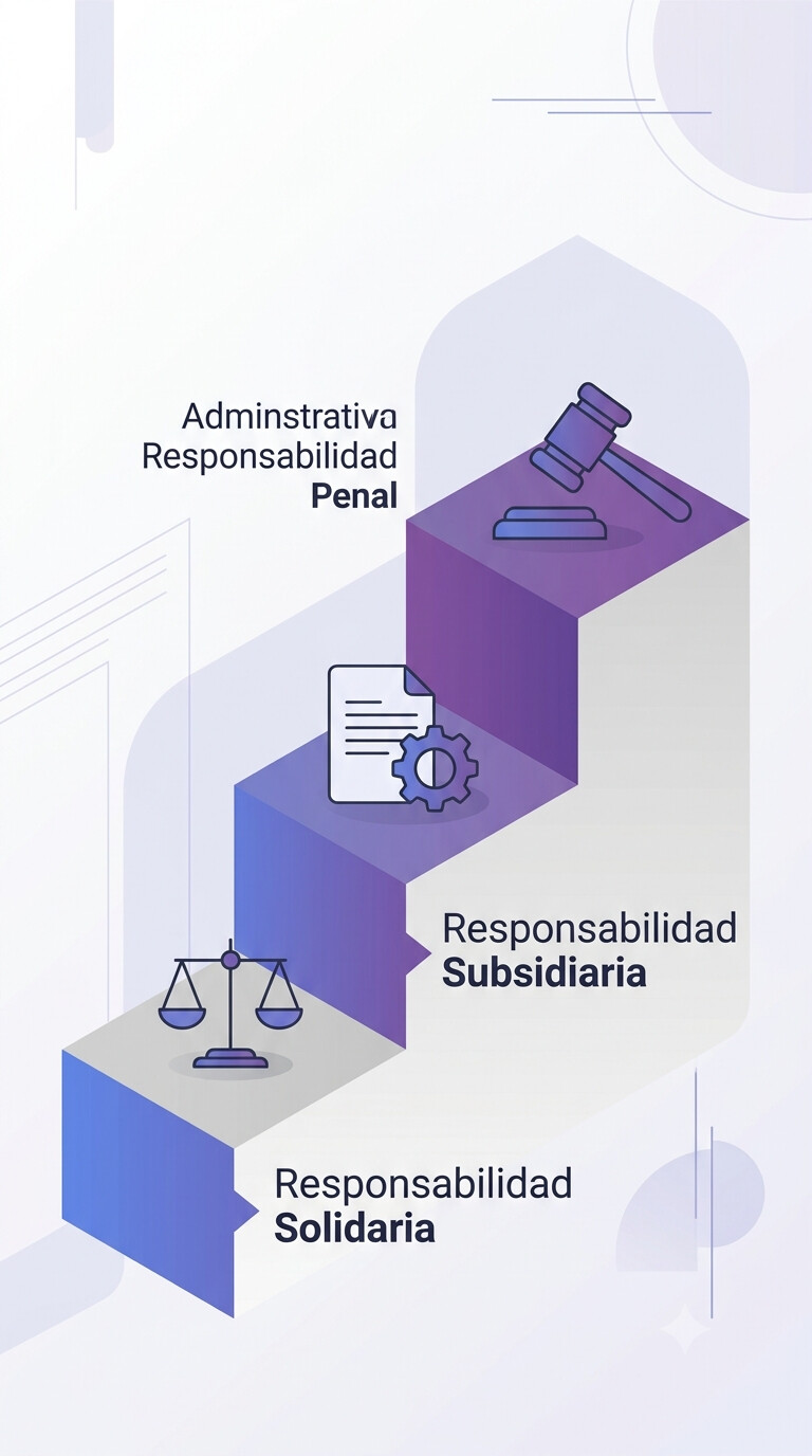 Infografía con los tres niveles de responsabilidad legal del gestor por facturas falsas: solidaria art 42.1.a LGT, subsidiaria art 43.1.a LGT y penal como colaborador necesario