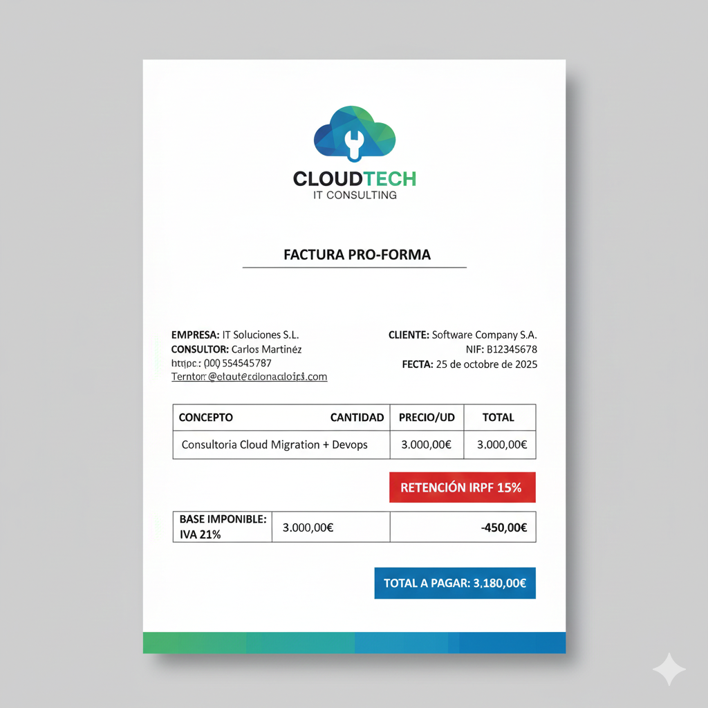 Caso práctico Carlos consultor IT senior con factura ejemplo y cálculo retención 15%