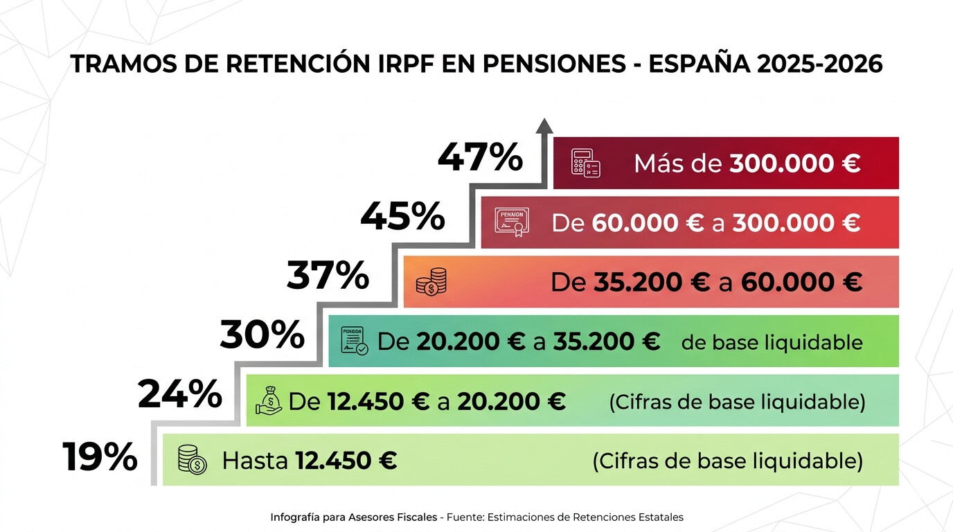 Tabla de retenciones IRPF sobre pensiones por tramos 2025: tipos marginales del 19% al 47% para jubilados en España