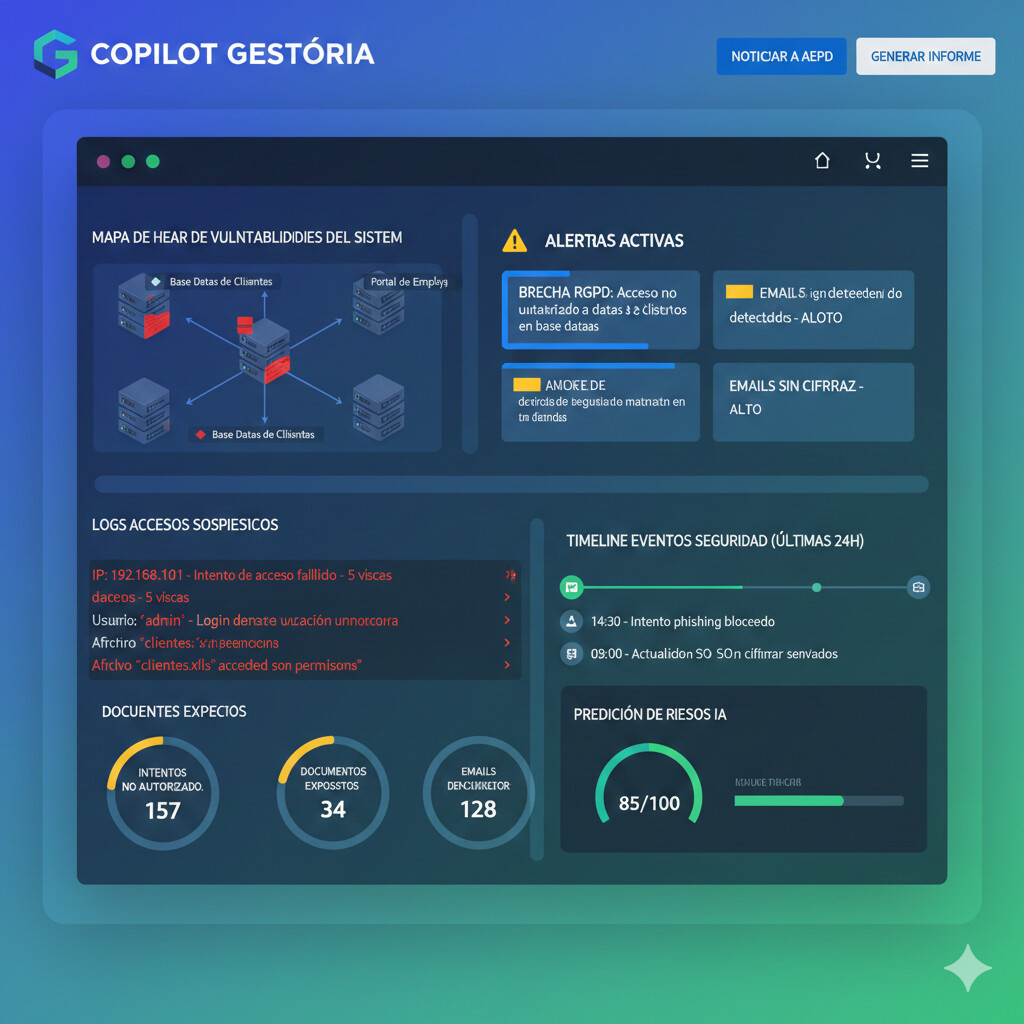 Mockup dashboard COPILOT GESTORIA con detección automática brechas seguridad alertas tiempo real y audit logs completos para cumplimiento RGPD artículo 33
