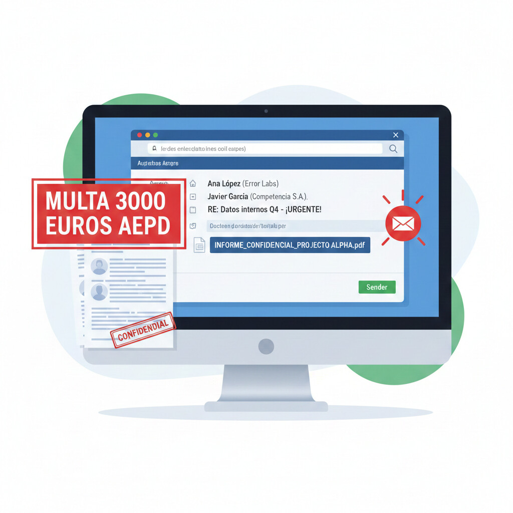 Infografía caso real asesoría multada 3000 euros por enviar correo electrónico con datos cliente equivocado vulnerando confidencialidad RGPD
