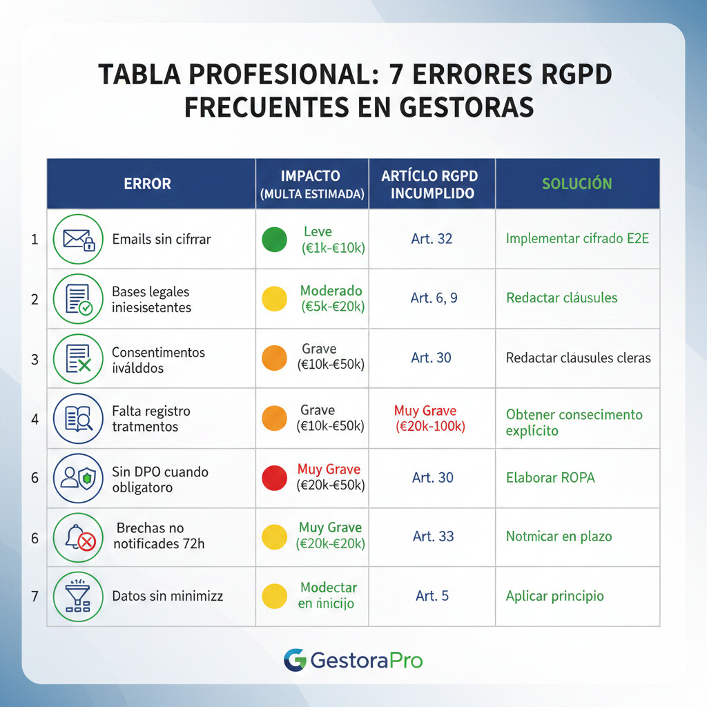 Tabla visual 7 errores RGPD más frecuentes en gestorías con frecuencia, sanciones económicas y soluciones prácticas para evitar multas AEPD