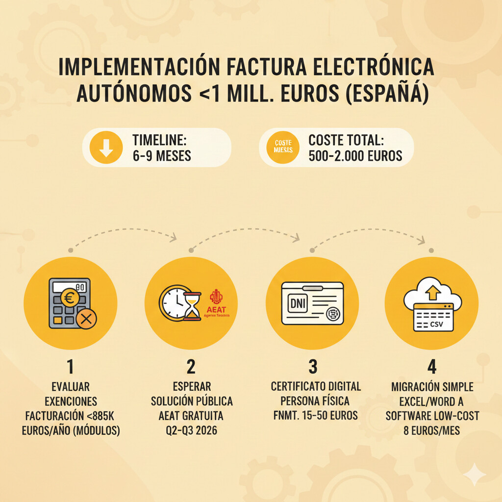 Infografía roadmap autónomos con facturación inferior a 1 millón de euros: 4 fases desde evaluación exenciones hasta migración simple, timeline 6-9 meses, coste estimado 500-2,000 euros, con iconos de software low-cost, certificado digital, y solución AEAT gratuita