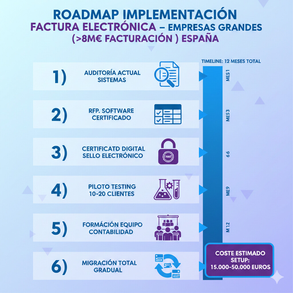 Infografía roadmap empresas grandes con facturación superior a 8 millones de euros: 6 fases desde auditoría actual hasta migración completa, timeline 12 meses, coste estimado 15,000-50,000 euros, con iconos de ERP complejo, certificación, y testing