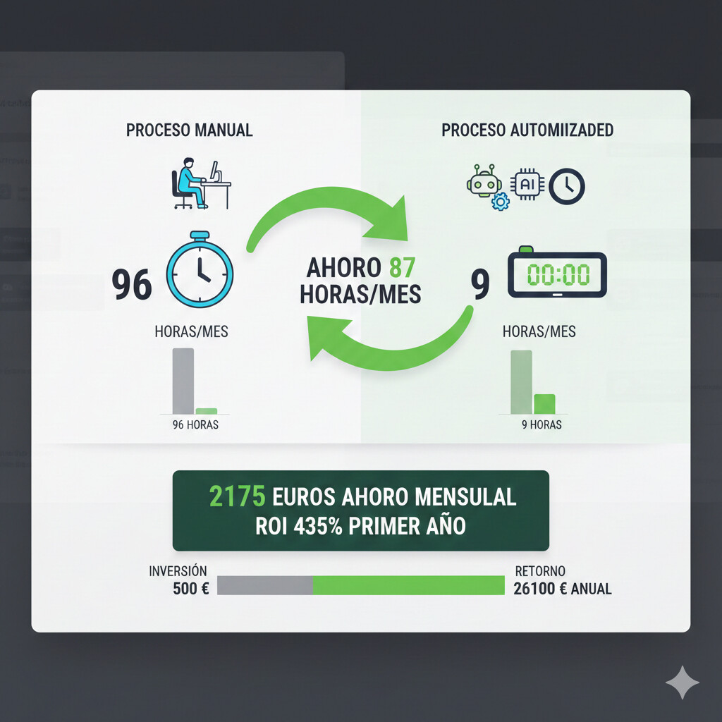 Gráfico comparativo ROI automatización gestorías mostrando ahorro 87 horas mes gestoría pequeña, inversión 500 euros mes, retorno 435% primer año, con desglose tiempo manual vs automatizado