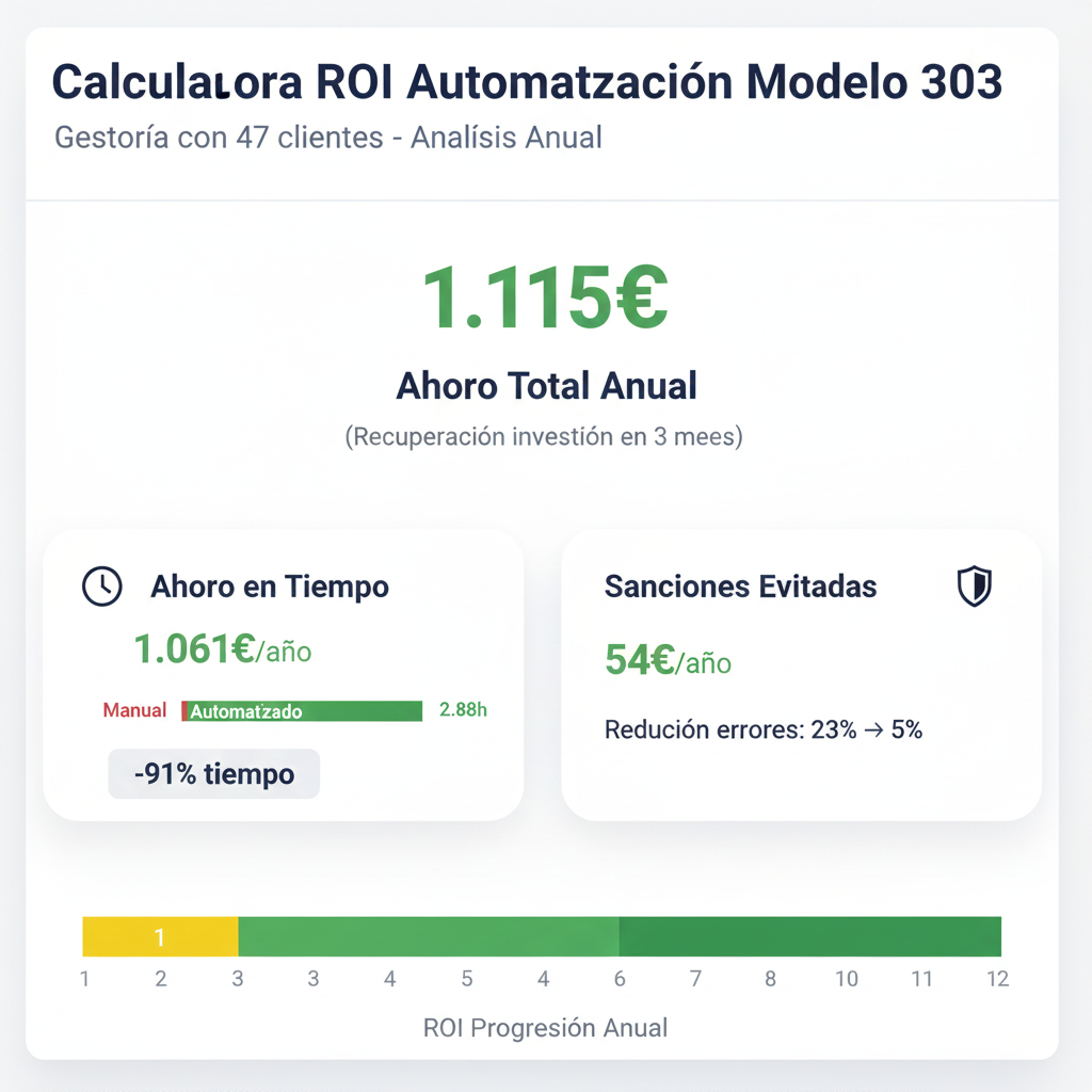 Interfaz calculadora ROI mostrando ahorro anual de 8009 euros al automatizar Modelo 303 con gráficos de barras desglosando tiempo ahorrado versus penalizaciones evitadas