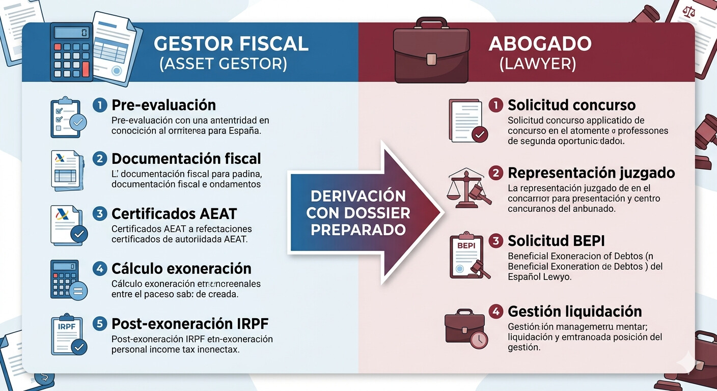 Infografía comparativa rol gestor fiscal versus abogado concursal en ley segunda oportunidad autónomos 2026