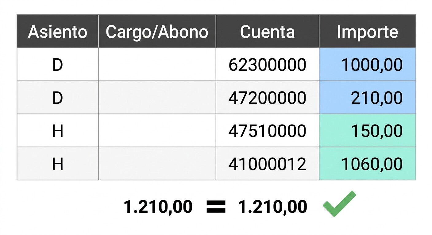 Tabla ilustrada de un asiento de factura de compra en cuatro filas con indicador de cargo y abono, importe único y cuadre entre debe y haber