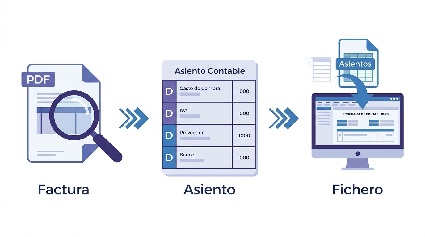 Esquema del recorrido de una factura en PDF que se lee por OCR, se convierte en asiento con cargo y abono y termina en un fichero para Sage Despachos