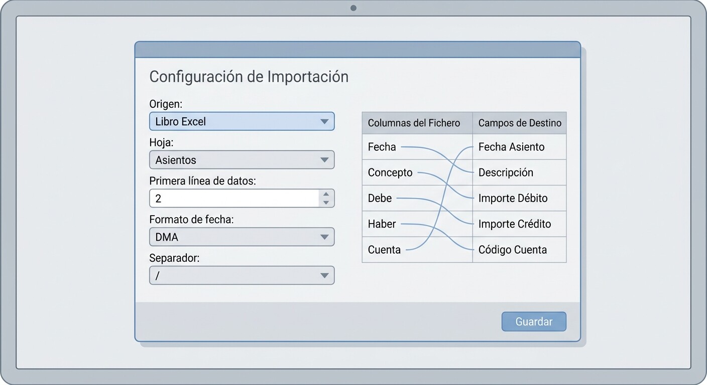 Pantalla genérica de configuración de una guía de importación con origen libro Excel, hoja Asientos, primera línea de datos 2 y fecha día mes año