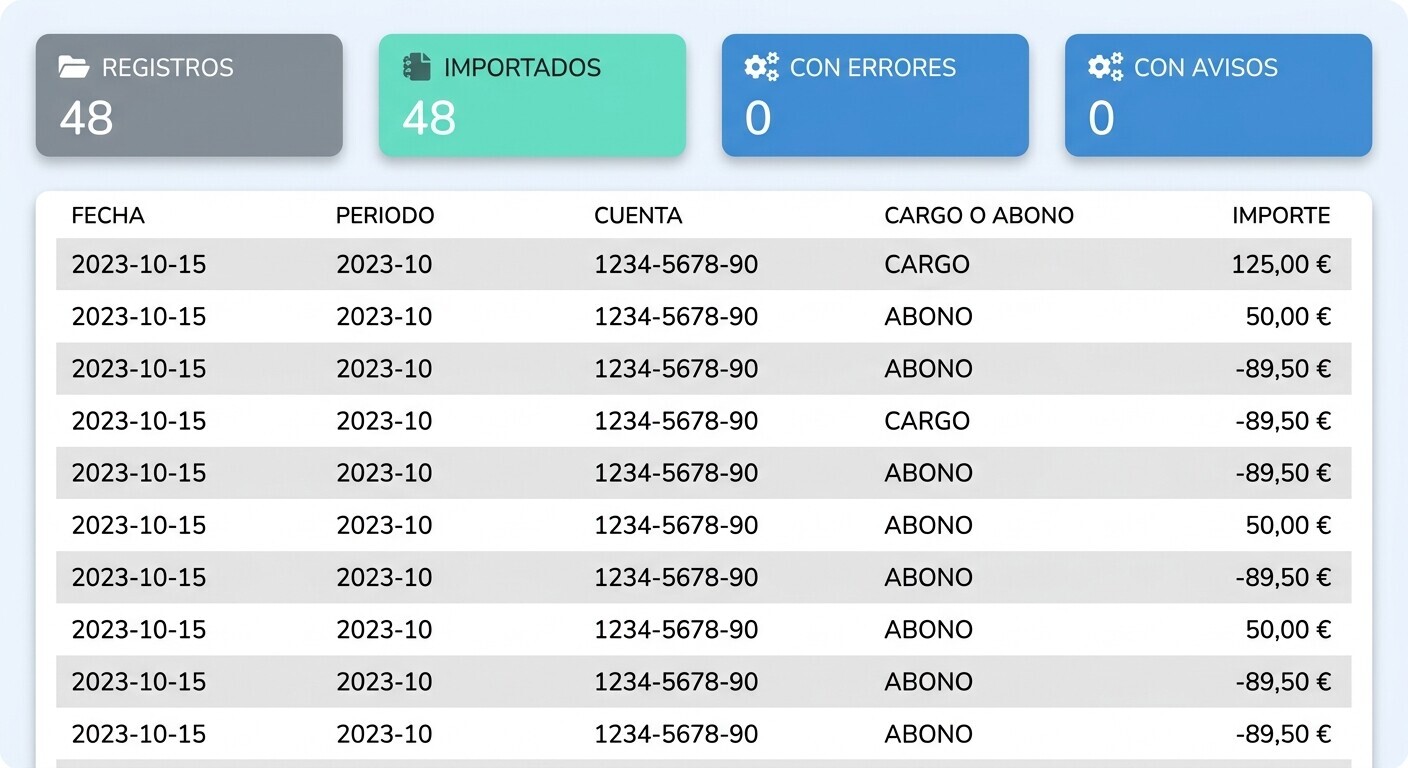Gestor revisando en un monitor el libro diario con asientos importados, marcando el cuadre de debe y haber y el periodo de cada apunte