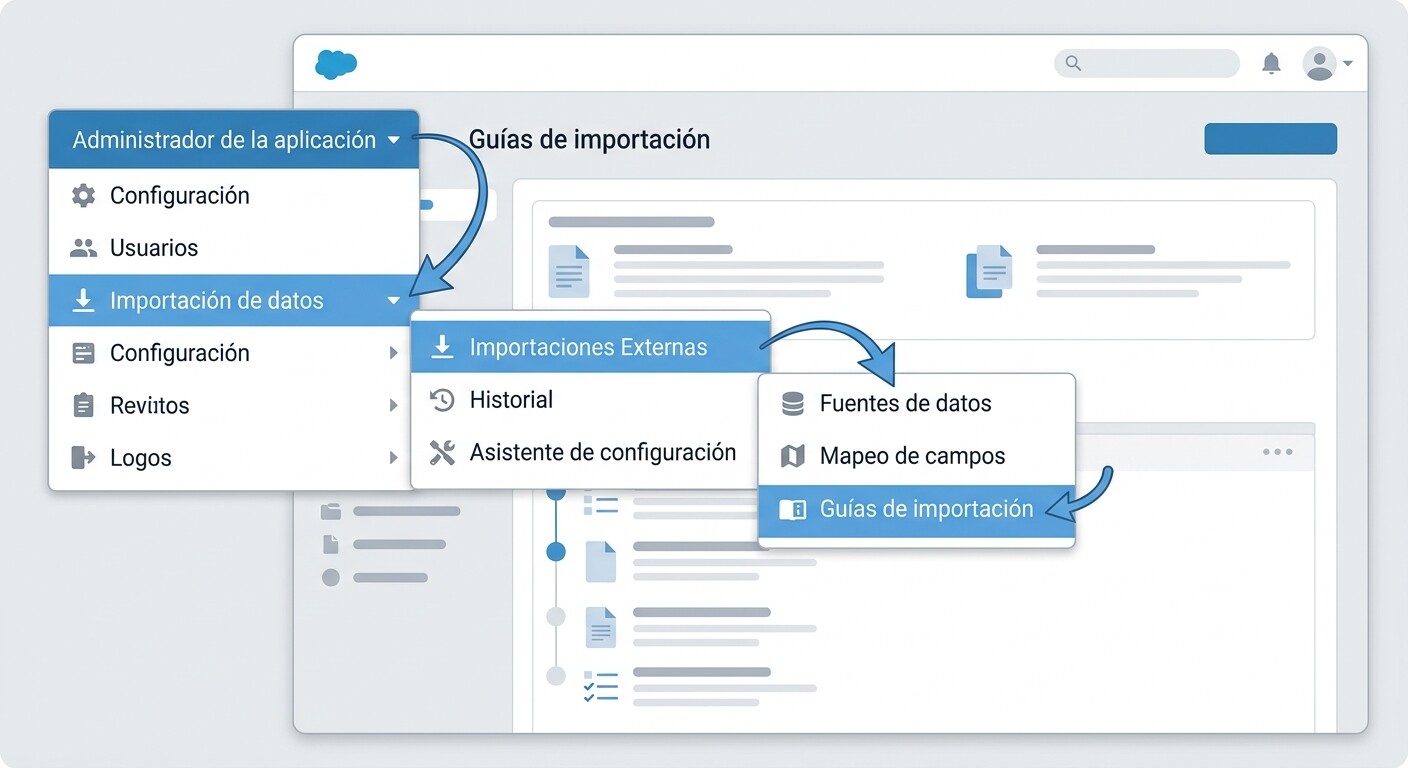 Ilustración genérica de un menú de programa de contabilidad con la ruta administrador, importación de datos e importaciones externas resaltada