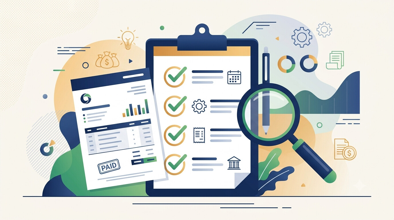 Checklist visual de requisitos de deducibilidad de gastos: factura completa, justificante de pago, correlación con ingresos y contabilización
