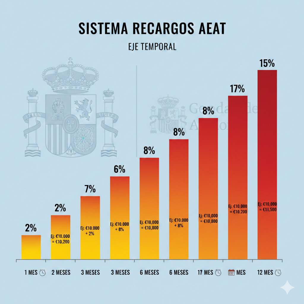 Tabla visual sanciones AEAT 2026 con sistema progresivo de recargos: 1% base más 1% por mes de retraso, comparativa entre modelos 111, 303 y 347, ejemplos numéricos con fechas límite destacadas