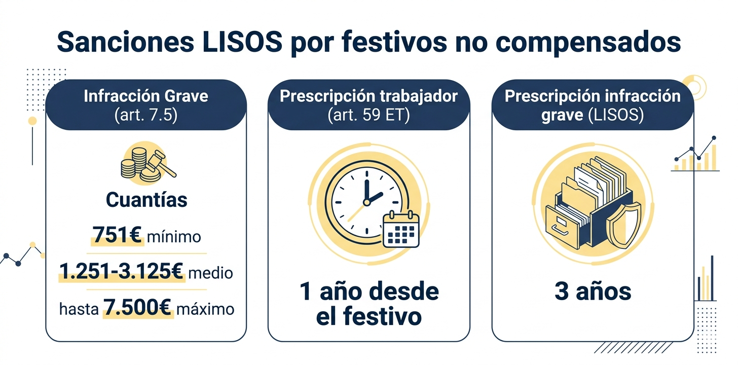 Infografía con los plazos de prescripción para festivos en sábado: 1 año para el trabajador (art. 59 ET), 3 años para infracción grave ante Inspección de Trabajo (LISOS), con las cuantías de multa de 751 a 7.500 euros