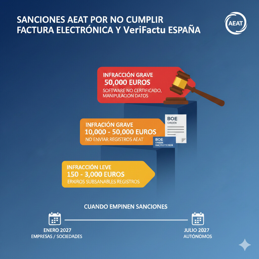 Infografía sanciones AEAT por no cumplir factura electrónica y VeriFactu: multa 50,000 euros software no certificado (grave), 10,000 euros no emitir facturas B2B (media), timeline cuándo empiezan sanciones enero-julio 2027