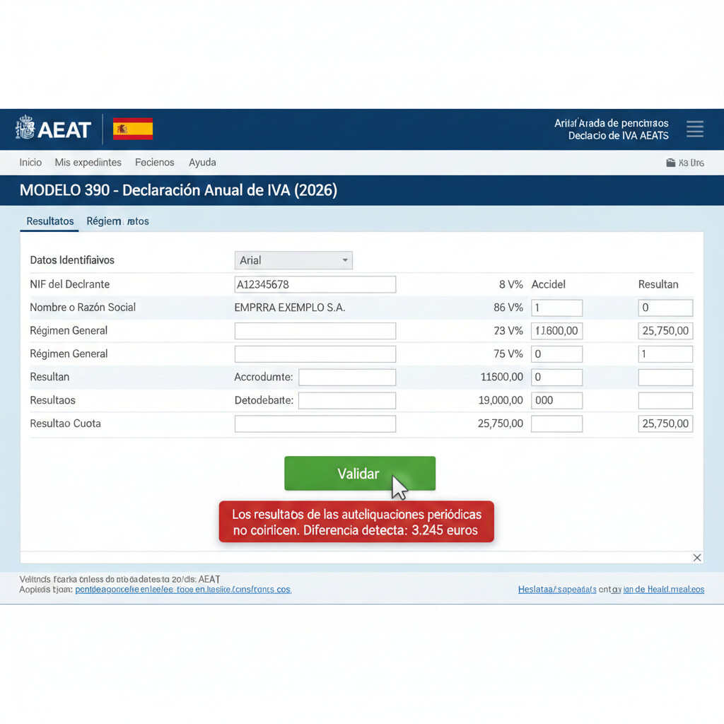 Captura de pantalla del validador oficial AEAT Modelo 390 mostrando botón Validar y ejemplo de mensaje error descuadre casilla 86 resultado anual no coincide