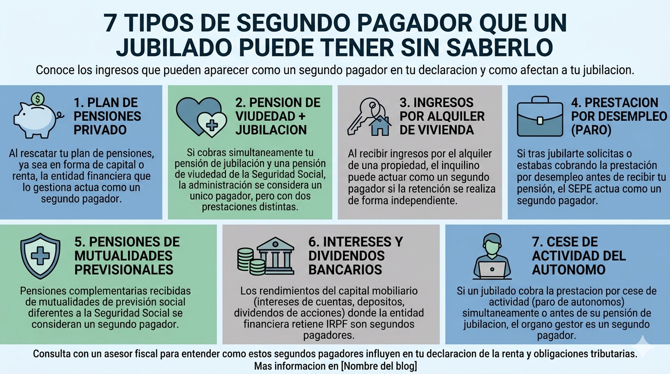 Diagrama con los 7 tipos de segundo pagador para jubilados pensionistas en la declaración de la Renta 2025 IRPF