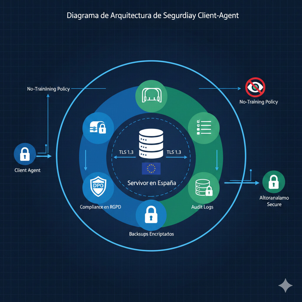 Diagrama arquitectura seguridad ClientAgent mostrando encriptación AES-256 datos en reposo, TLS 1.3 en tránsito, servidores España UE RGPD compliant, DPO certificado, backups diarios encriptados, audit logs completos y política no-training Claude API