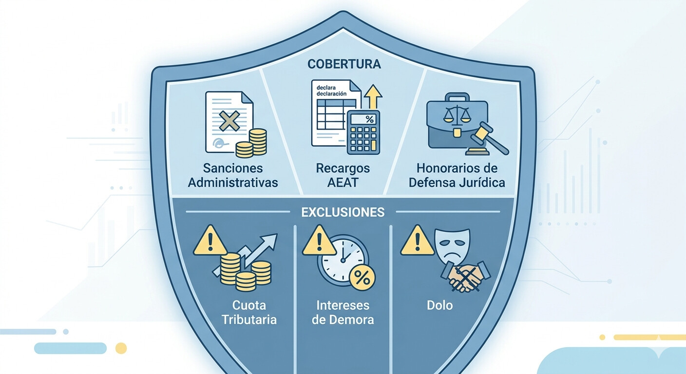 Ilustración comparativa de coberturas del seguro de responsabilidad civil profesional para gestorías y asesores fiscales en España, con límites y exclusiones