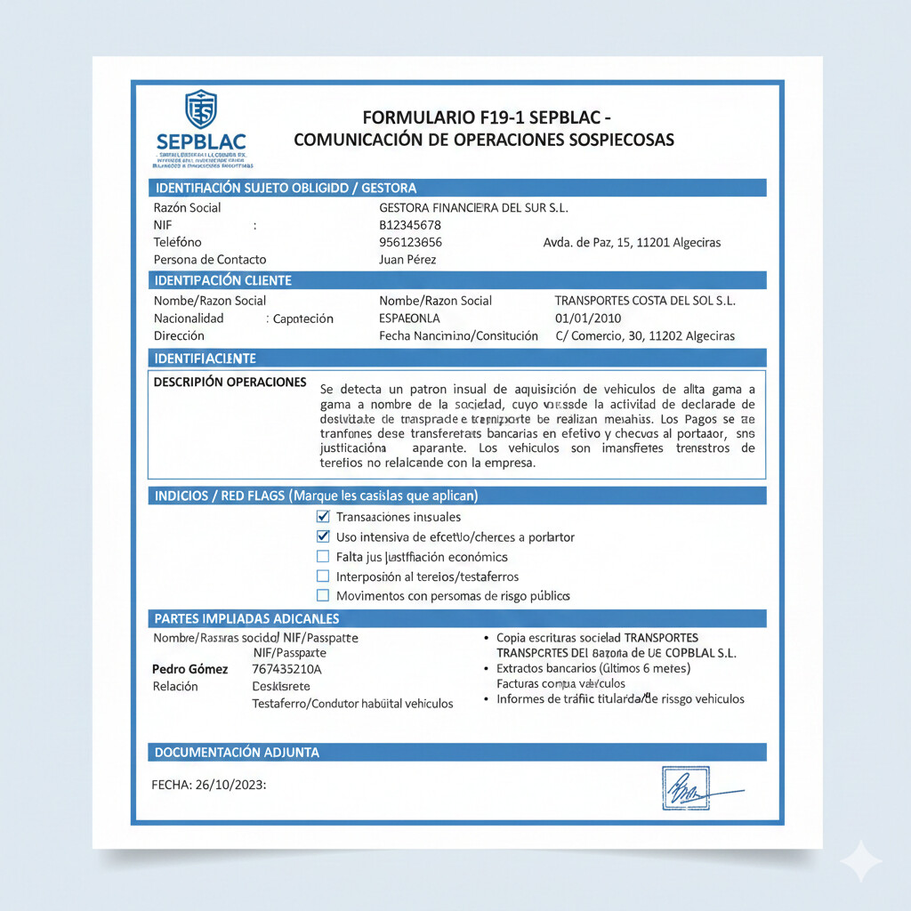 Screenshot formulario F19-1 SEPBLAC comunicación operaciones sospechosas blanqueo capitales: sección identificación sujeto obligado gestoría, identificación cliente operación, descripción detallada operaciones, indicios red flags detectados, partes implicadas, documentación adjunta, ejemplo práctico caso real gestoría