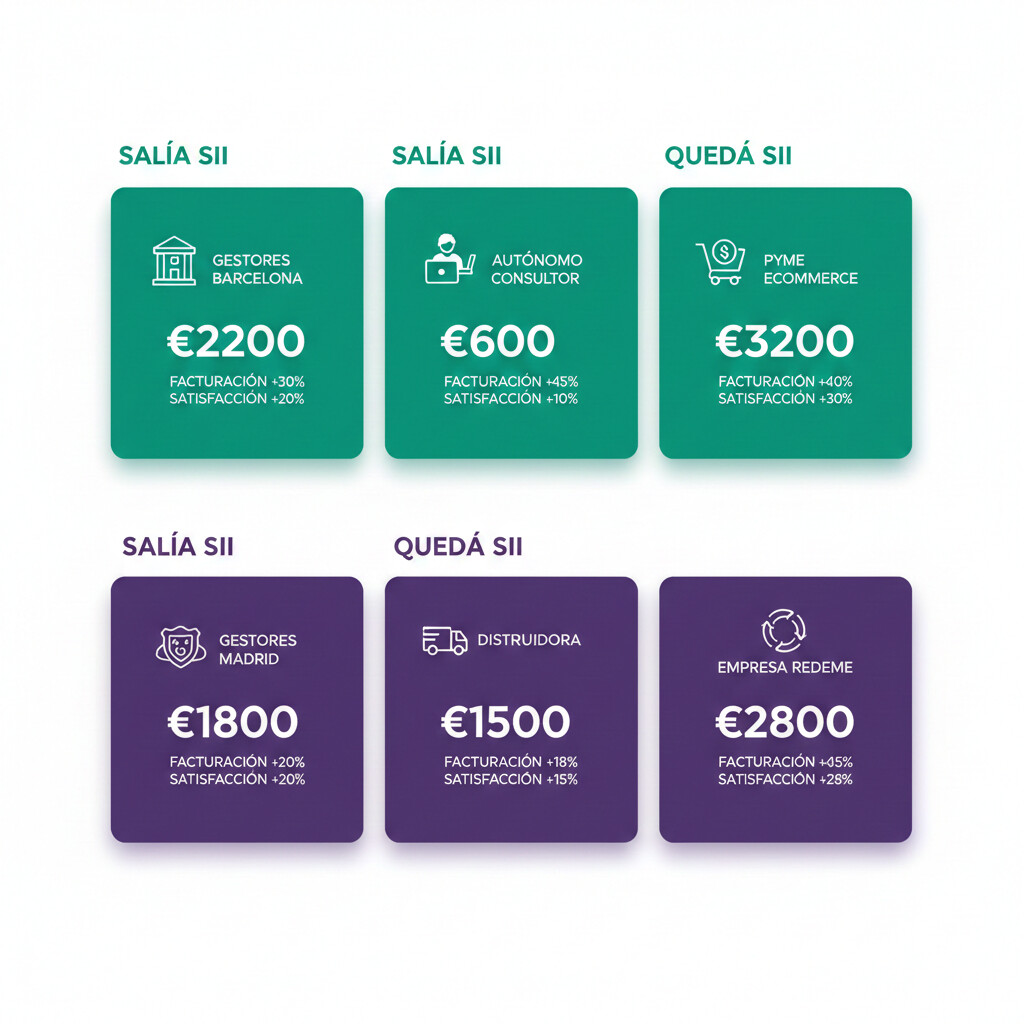 Infografía 6 casos reales empresas gestorías con métricas decisión SII: 3 salieron ahorrando €600-3200, 3 quedaron con ROI positivo