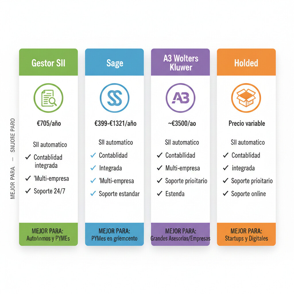 Tabla visual comparativa 4 software SII España con features, precios y casos uso recomendados para cada perfil cliente