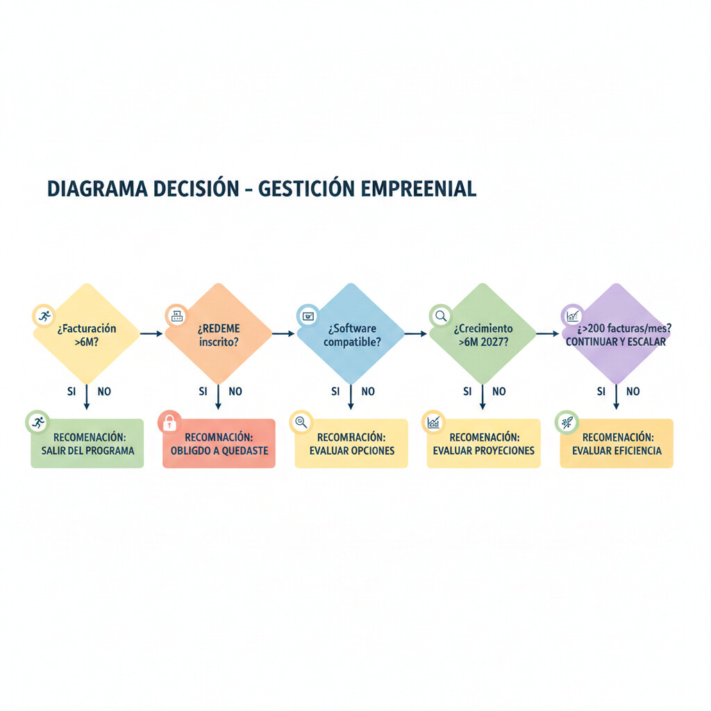 Diagrama flujo decisión SII con 5 preguntas clave: facturación umbral, REDEME, software, crecimiento, volumen facturas - conduce a 5 escenarios recomendación