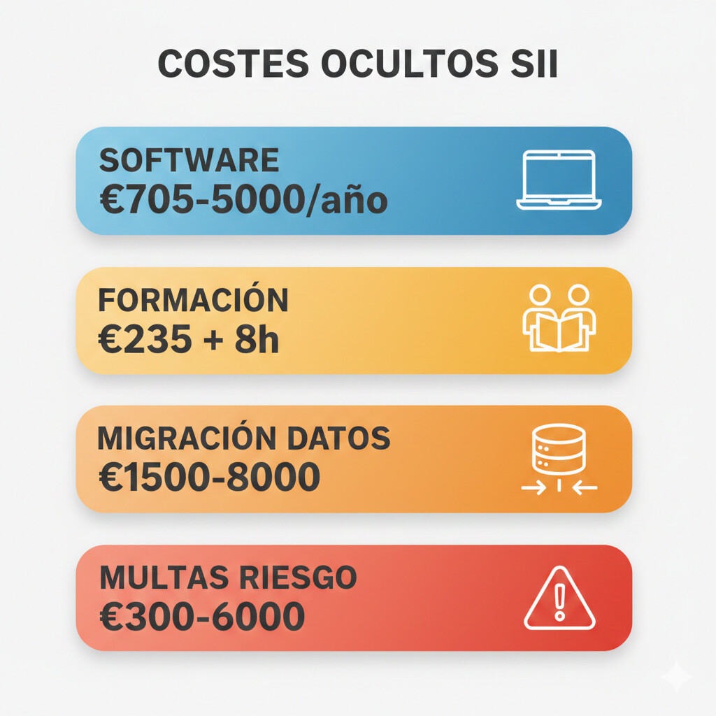 Desglose costes ocultos SII: software (€705-5000), formación (€235), migración (€1500-8000), multas riesgo (€300-6000)