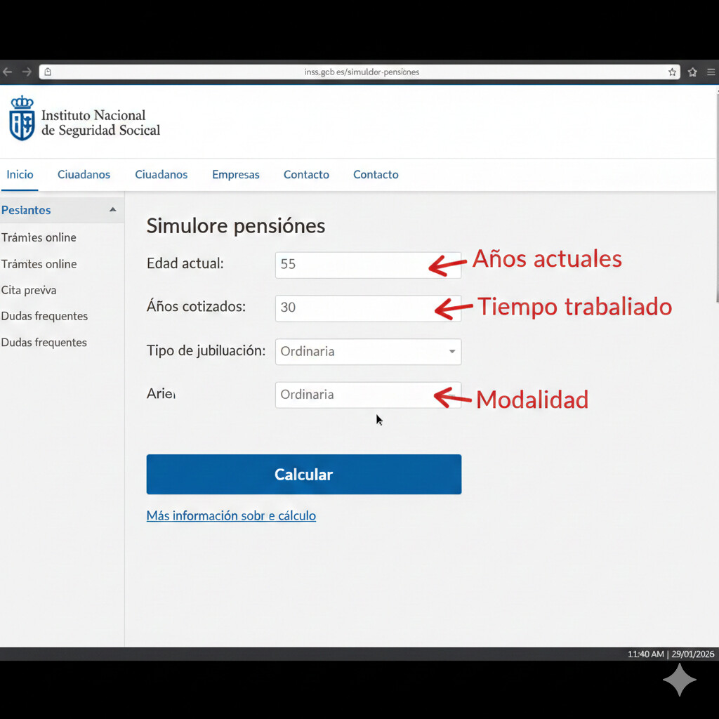 Captura de pantalla del simulador de pensiones INSS con interfaz completa y campos destacados para rellenar