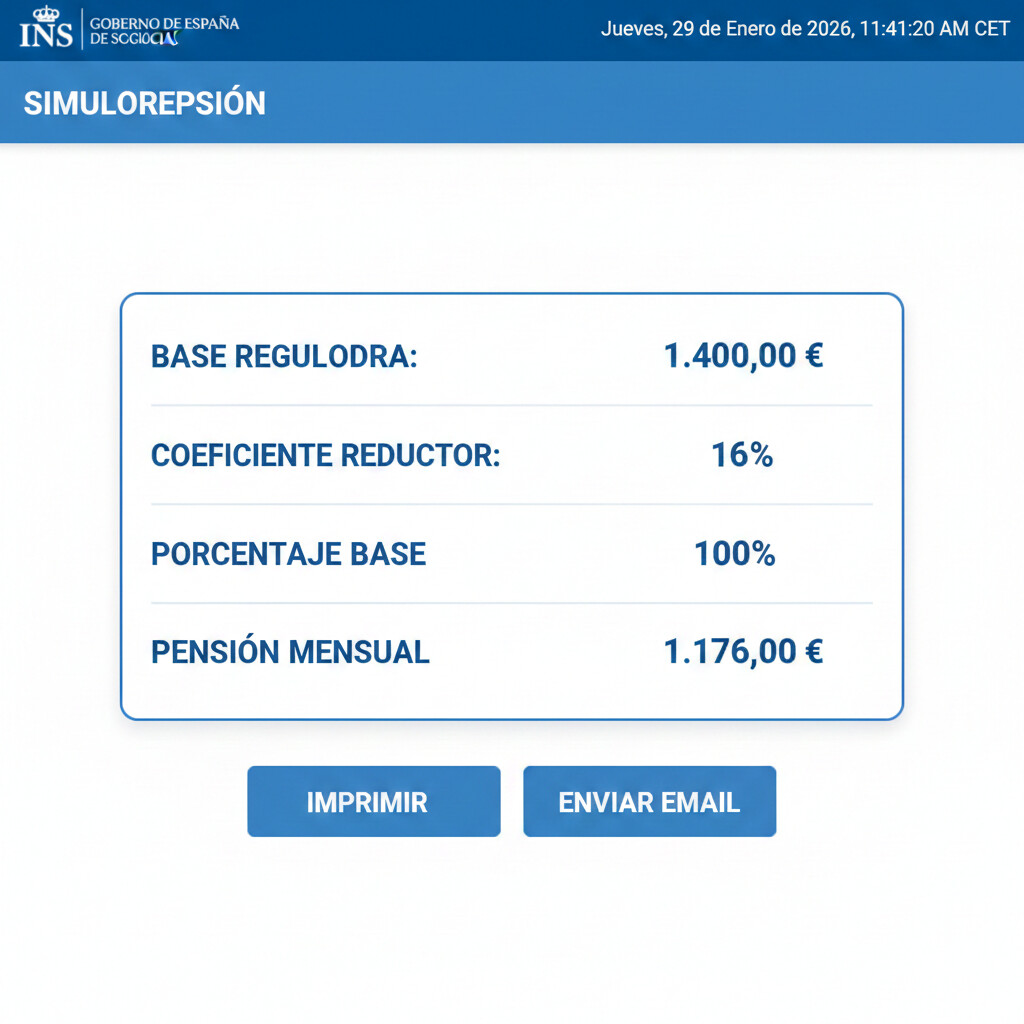 Pantalla de resultados del simulador INSS mostrando base reguladora, coeficientes reductores y pensión final calculada