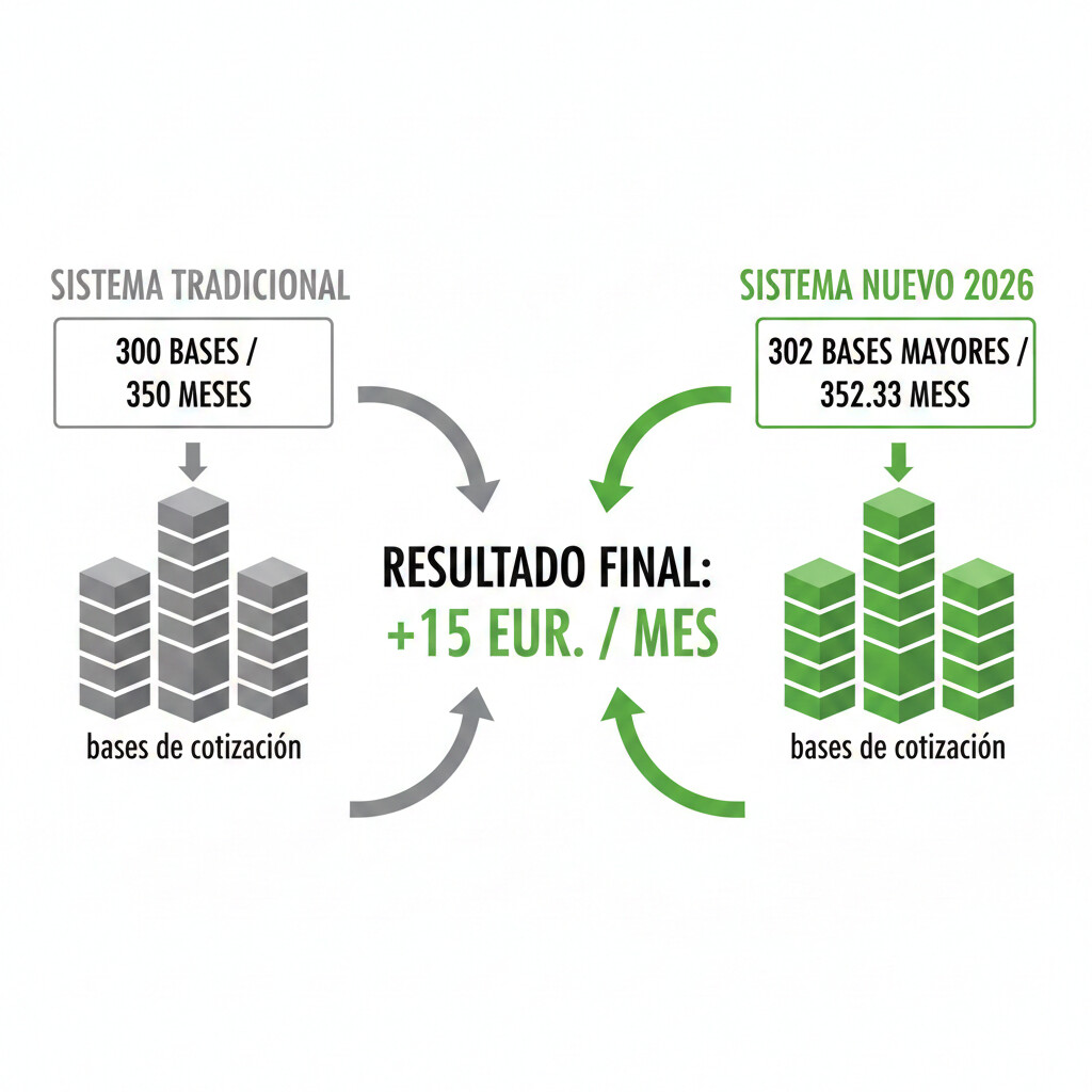 Diagrama comparativo del sistema tradicional vs sistema dual 2026 de cálculo de base reguladora con flechas y fórmulas