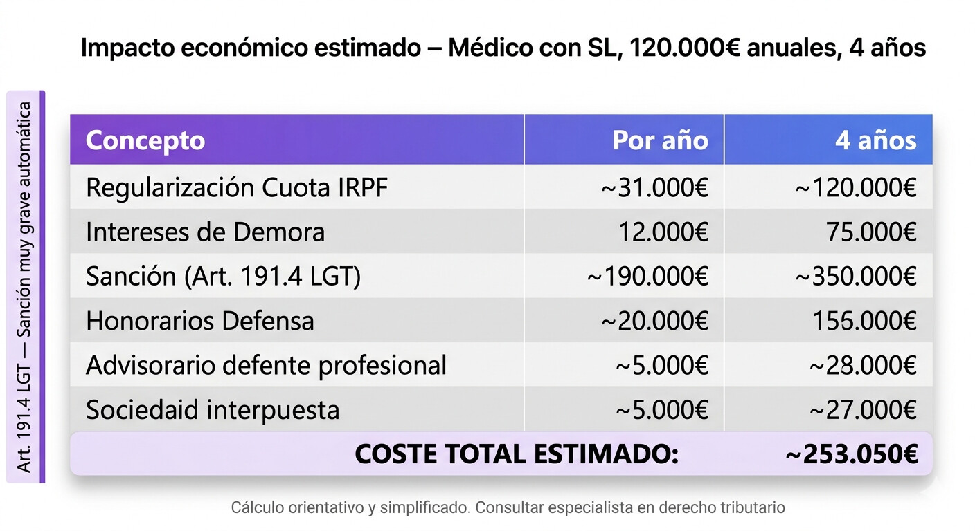 Tabla de cálculo numérico del coste real de una inspección por sociedad interpuesta: ejemplo con médico con SL que factura 120.000 euros anuales, desglose de cuota IS pagada, cuota IRPF recalculada, diferencial, sanción muy grave y coste total acumulado a 4 años