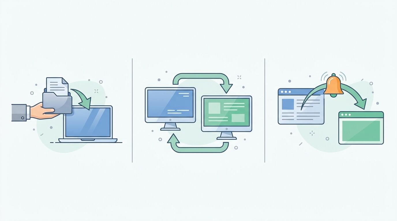 Comparación visual de los tres caminos de integración de un programa de gestoría: fichero, consulta por API y aviso por webhook