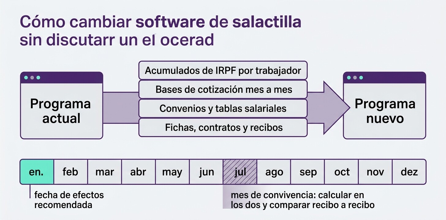 Esquema de una migración de programa de nóminas: acumulados de IRPF, bases de cotización, convenios y mes de convivencia entre los dos sistemas