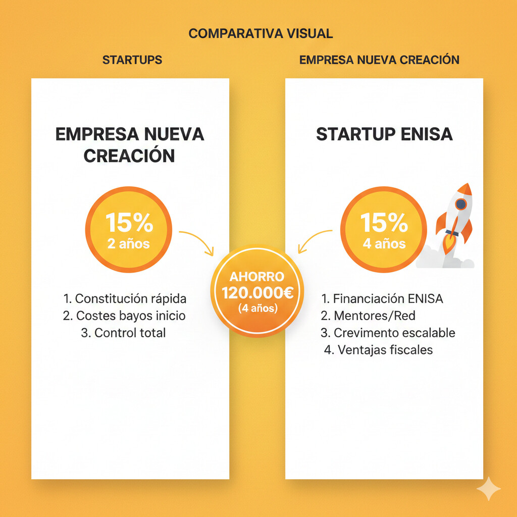 Startups certificadas ENISA: tipo reducido 15% durante 4 años vs empresas nueva creación 15% solo 2 años