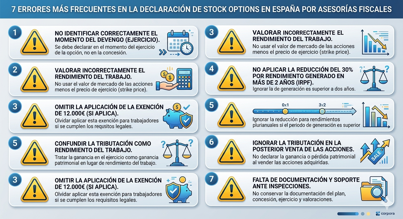 Lista visual de los 7 errores más frecuentes que cometen las gestorías al declarar stock options en el IRPF de empleados de startups