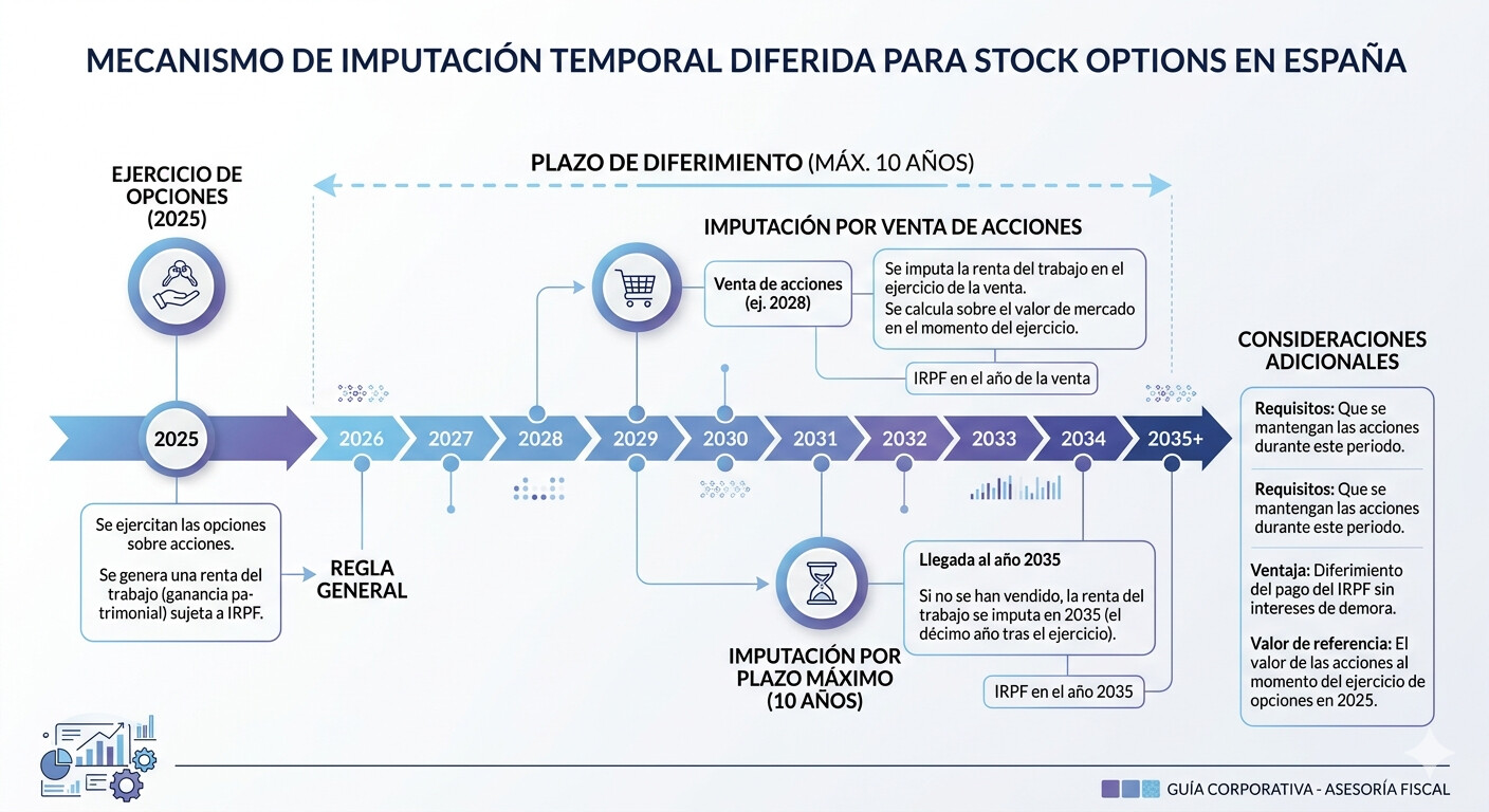 Timeline que muestra el mecanismo de imputación temporal diferida hasta 10 años para el exceso sobre 50.000 euros en stock options según la Ley Startups