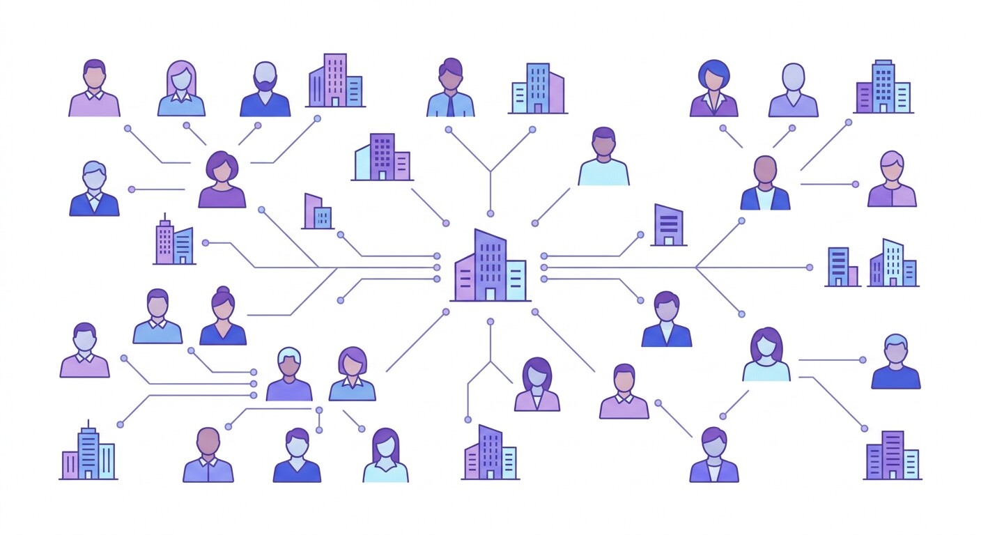 Iconos de personas y de pequeños edificios de oficina unidos por líneas finas sobre fondo blanco
