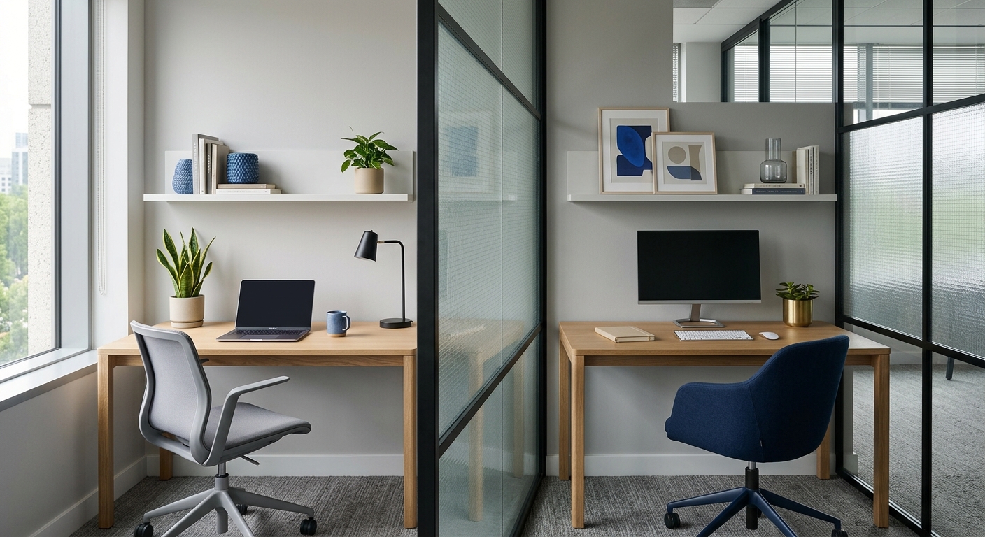 Dos pequeños puestos de oficina, cada uno con su escritorio, silla y estantería, separados por una mampara de cristal traslúcido