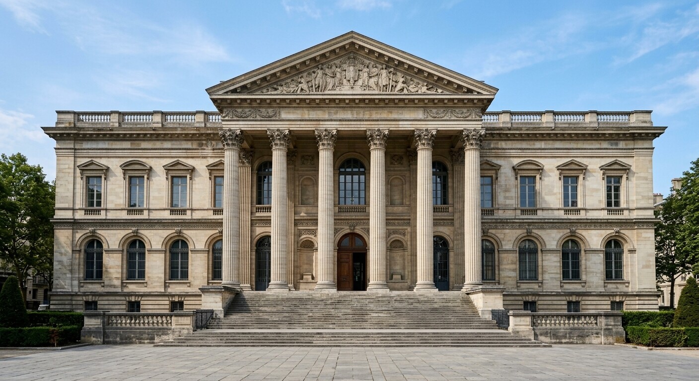 Fachada de piedra de un edificio institucional de estilo clásico con columnas, bajo un cielo despejado