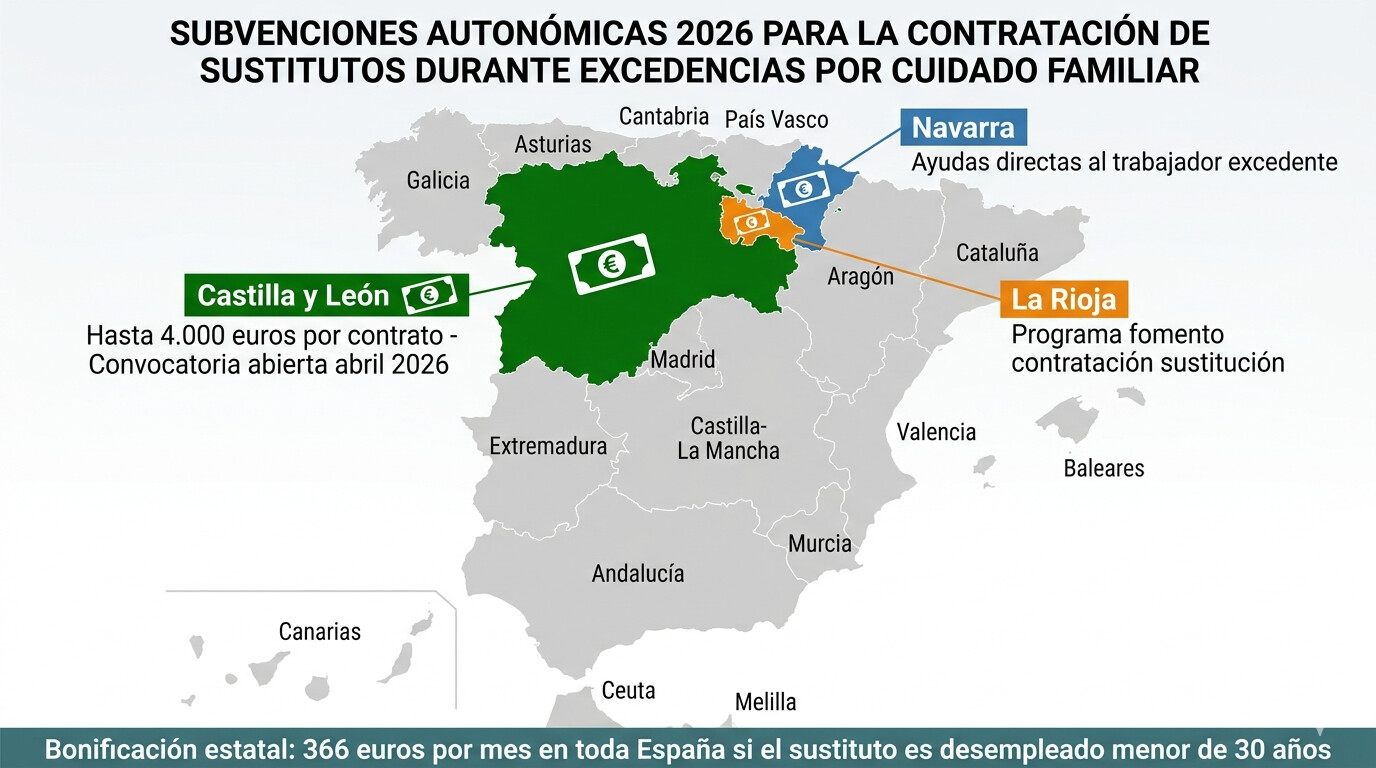 Mapa de España con subvenciones autonómicas 2026 para contratos de sustitución en excedencias por cuidado familiar