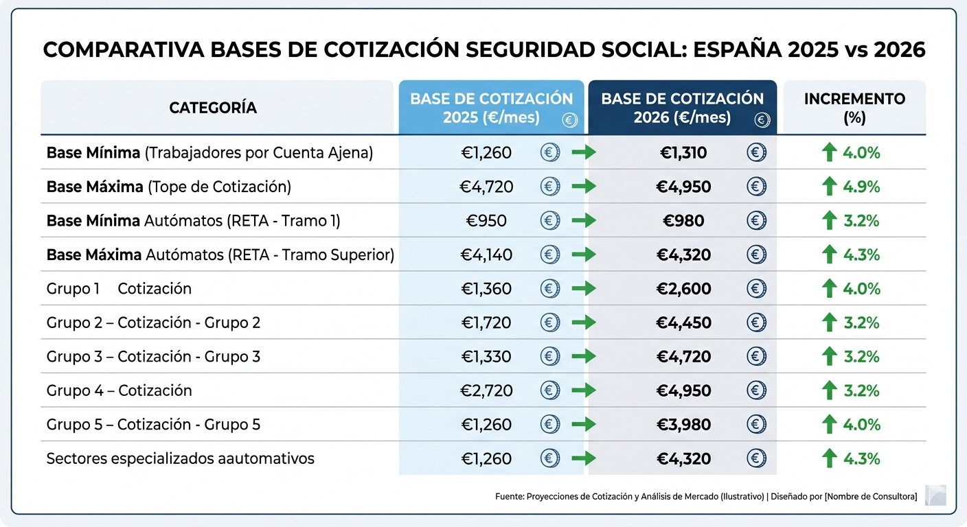 Tabla comparativa bases de cotización Seguridad Social 2025 versus 2026 por grupos de cotización, topes máximos y mínimos