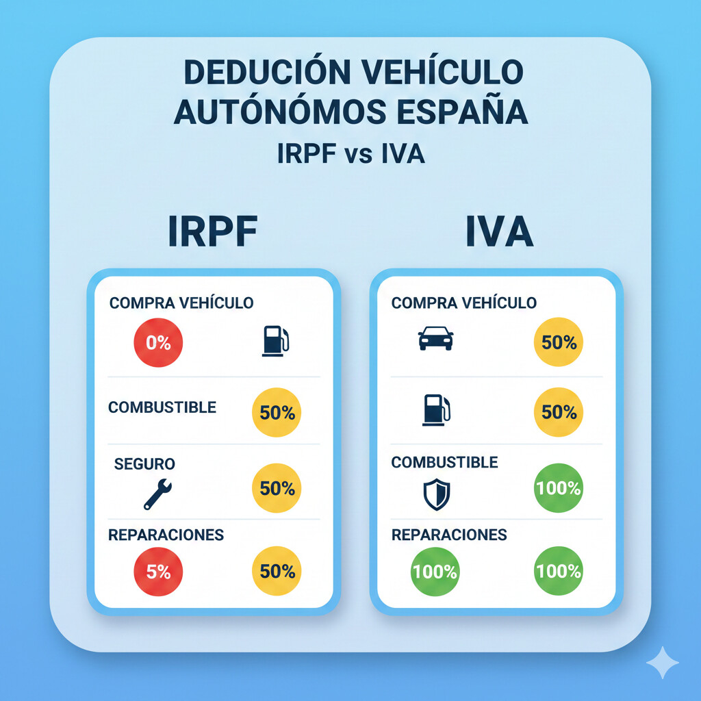 Tabla comparativa mostrando las diferencias de deducción de gastos de vehículo entre IRPF e IVA para autónomos generales (0% IRPF, 50% IVA) versus transportistas (100% IRPF, 100% IVA), incluyendo gasolina, seguro, reparaciones, peajes y amortización