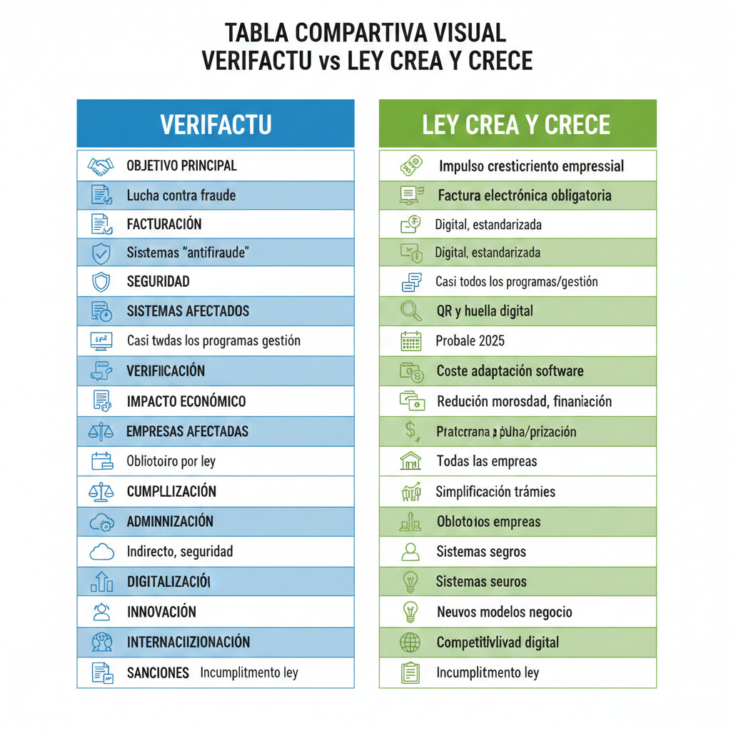 Tabla comparativa visual VERIFACTU vs Ley Crea y Crece con 15 criterios en dos columnas, diseño infográfico profesional con iconos, colores azul y verde, fondo blanco, optimizada para impresión y compartir