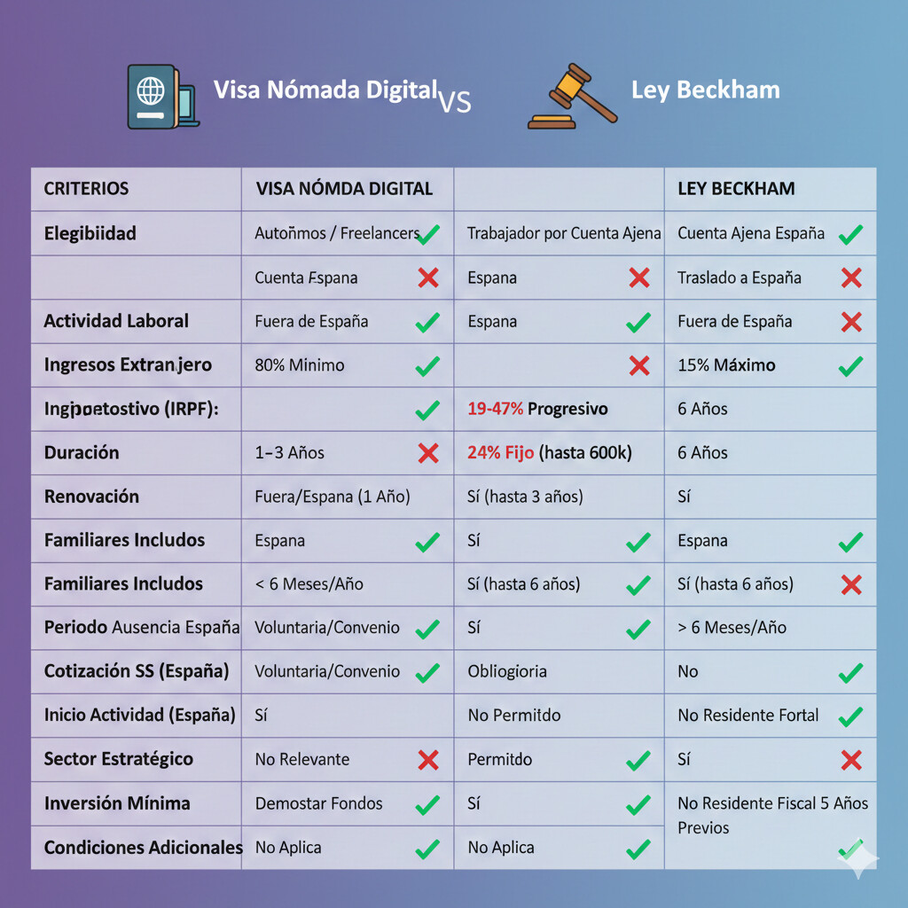 Tabla comparativa visual lado a lado visa nómada digital vs ley beckham españa 2026: elegibilidad, fiscalidad, duración, costos, requisitos, modelos AEAT, ventajas y desventajas