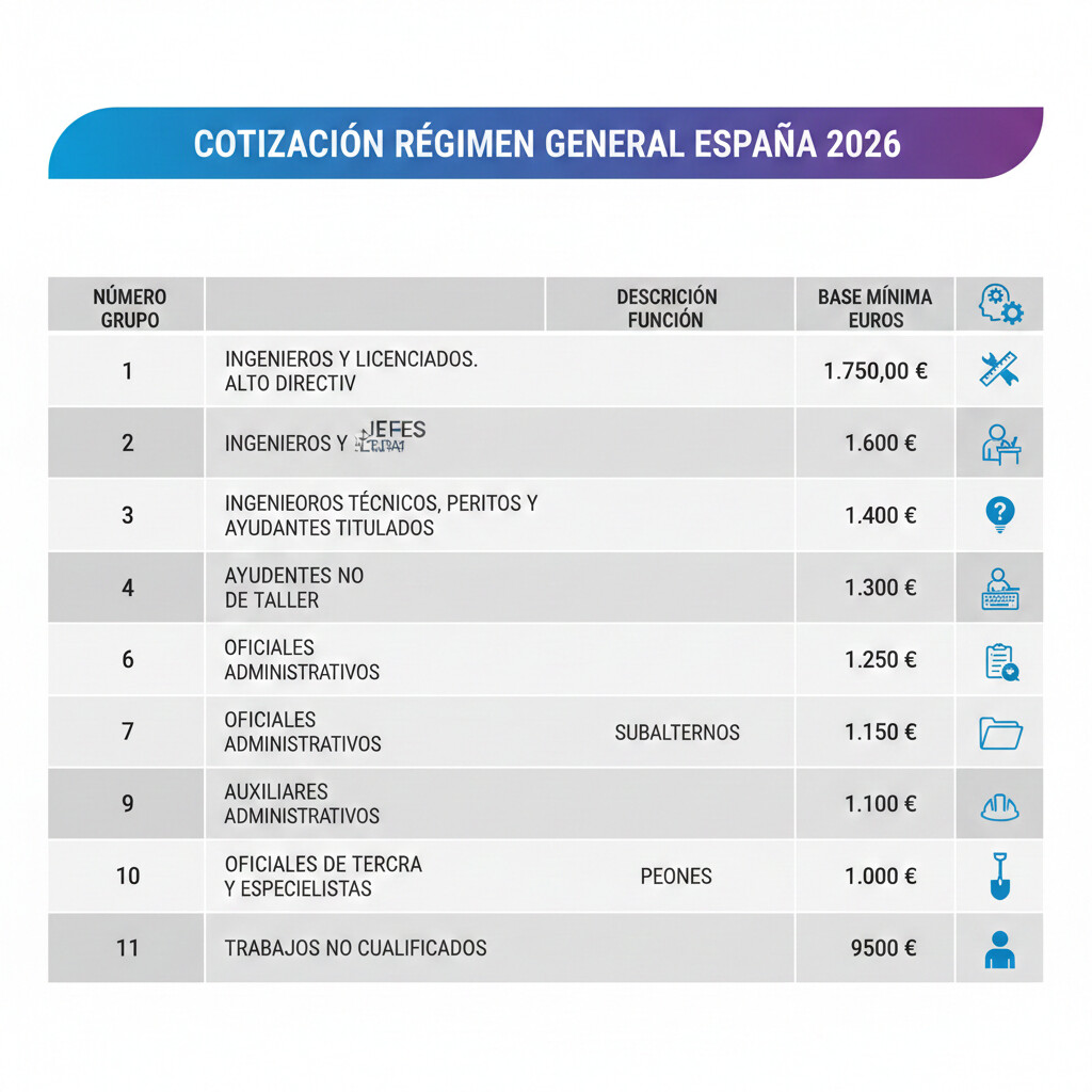 Tabla completa 11 grupos de cotización Régimen General 2026 - Bases mínimas y máximas actualizadas