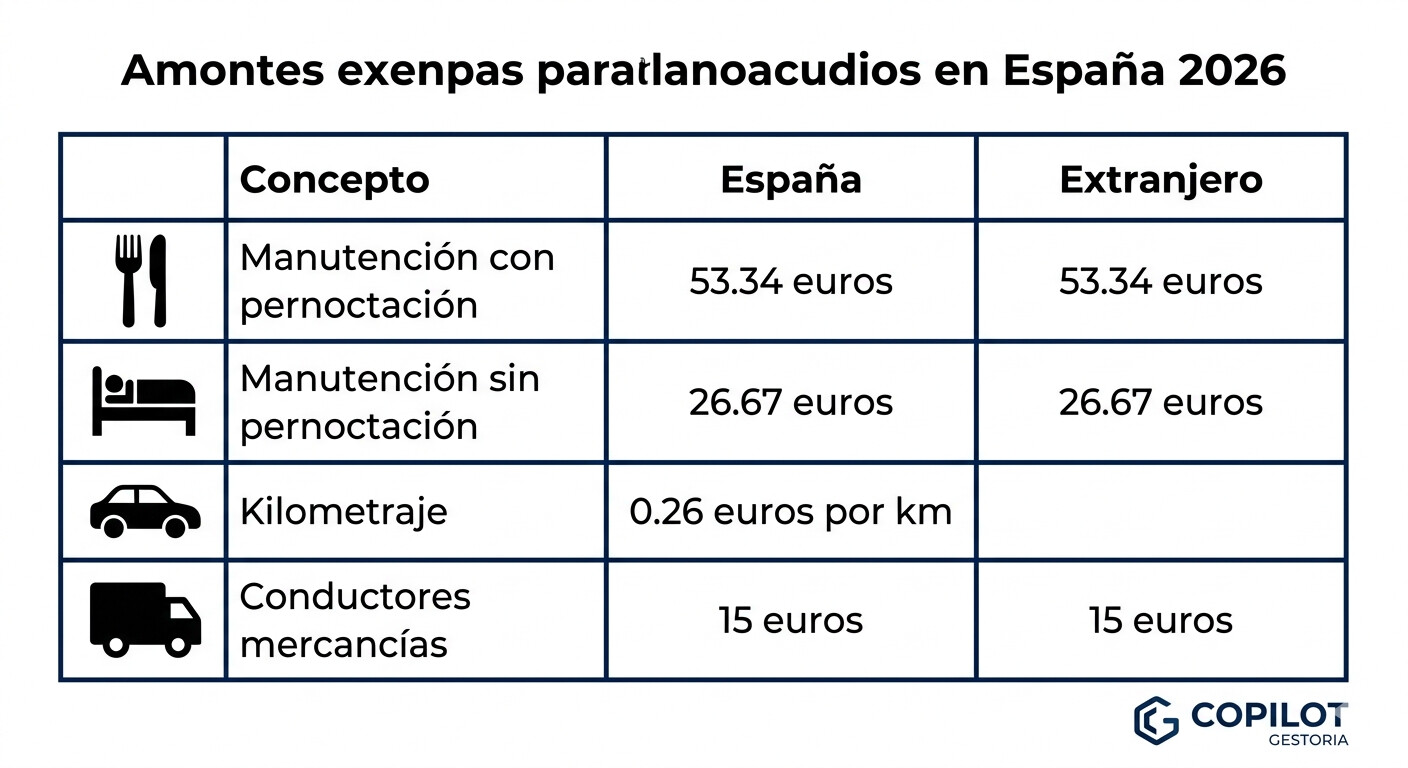 Tabla importes dietas exentas IRPF 2026 - España y extranjero