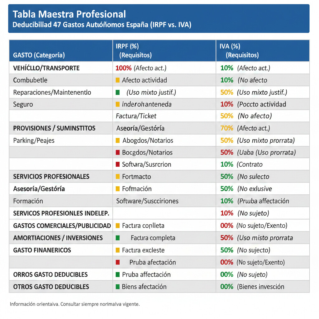 Tabla maestra comparativa completa mostrando los 47 gastos deducibles para autónomos con porcentajes específicos de deducción en IRPF e IVA: 100% para gastos operativos y tecnología, porcentajes variables para vehículo (0-100% IRPF, 50-100% IVA según actividad), gastos vivienda proporcionales (30% × superficie), y casos especiales como seguros médicos (500€ límite) y dietas (límites diarios 26.67€-53.34€)